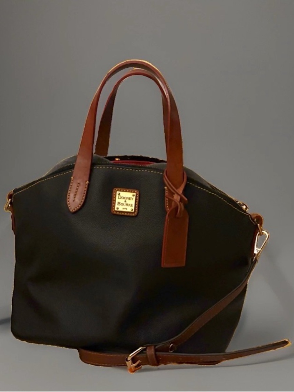 Dooney & Bourke~ Pebble Grain Black Leather Brown Trim Domed Satchel Bag